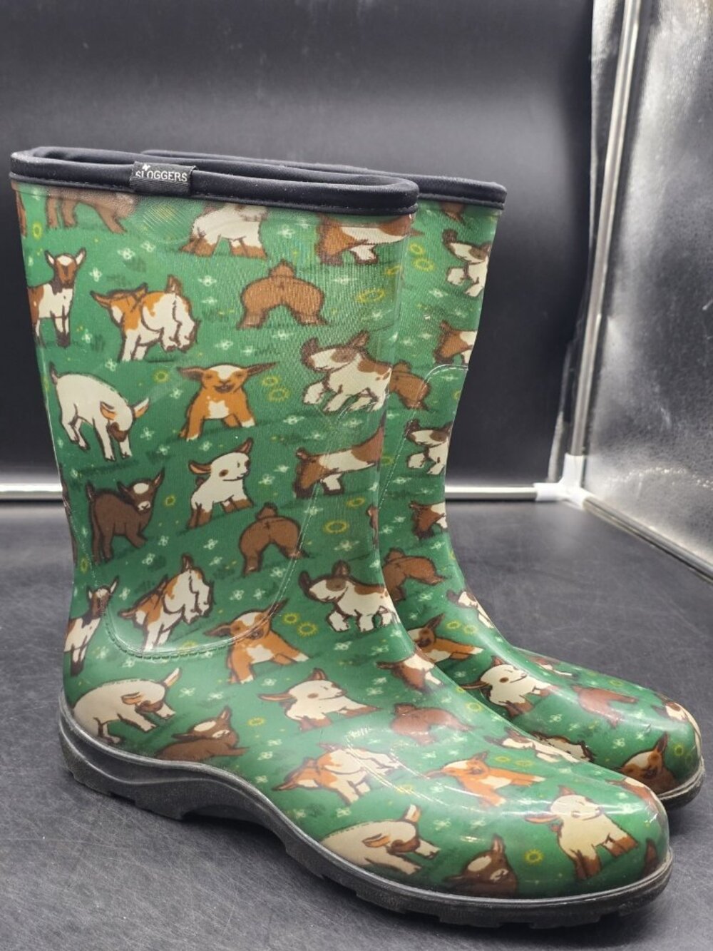 Sloggers Boots Womens Size 10 Green Goat Print Rubber Mid Calf Rain Waterproof
